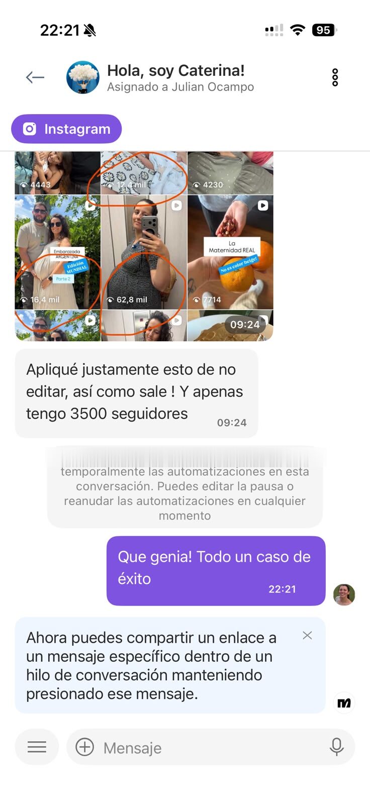 Caterina muestra reels con 62,8 mil y 16,4 mil vistas